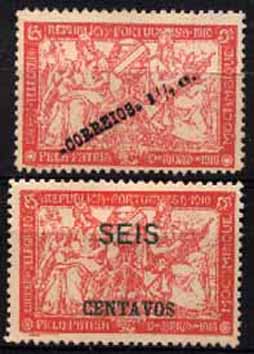 23Lis_1626.jpg -     Lote:    1626            Moçambique       Descrição:         1918/20 &mdash; Taxa de Guerra. Selos de Imposto Postal e Telegráfico com sobrecarga. CE202 e 205, &frac12; c s/ 5c + 6c s/ 5c. Selos com a variedade TELFGRAFO. Valor de catálogo &euro; 24,00.        *       Valor Base:     &euro; 6,00     Valor Venda:     &euro; 6,00     