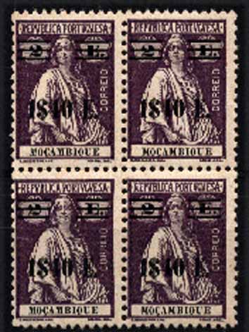23Lis_1627.jpg -     Lote:    1627            Moçambique       Descrição:         1931 &mdash; Ceres, com sobretaxa. CE262. 1$40 s/ 2E violeta. Quadra. Valor de catálogo &euro; 9.00.        ***       Valor Base:     &euro; 4,00     Valor Venda:     Retirado     