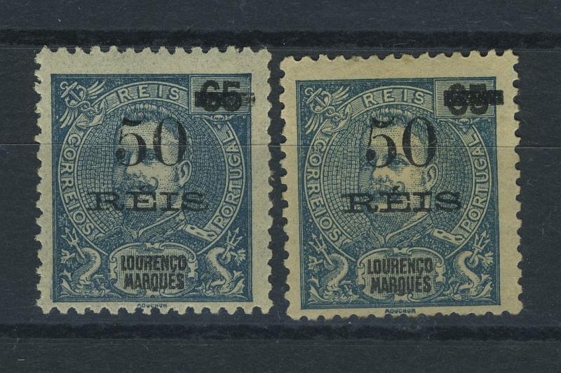 23Lis_1648.jpg -     Lote:    1648            Lourenço Marques       Descrição:         1905 &mdash; D. Carlos I Mouchon, com sobretaxa. CE77, 50 s/ 65 reis azul escuro. Lote de dois selos, um dele com "5" fendido e bandeira curta. Valor de catálogo &euro; 24,25.        **/*       Valor Base:     &euro; 5,00     Valor Venda:     &euro; 32,00     
