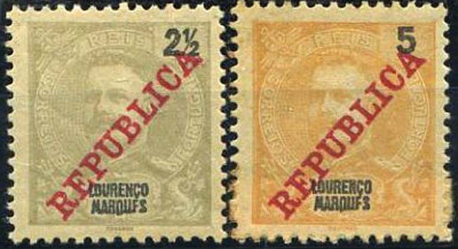 23Lis_1649.jpg -     Lote:    1649            Lourenço Marques       Descrição:         1911 &mdash; D. Carlos I com sobrecarga REPUBLICA, da Casa da Moeda. CE78/79. Lote de dois selos de 2 &frac12; e 5 reis com a variedade MARQUFS. Valor de catálogo &euro; 20,00.        **       Valor Base:     &euro; 6,00     Valor Venda:     Retirado     