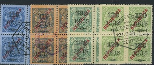 23Lis_1650.jpg -     Lote:    1650            Lourenço Marques       Descrição:         1914 &mdash; D. Carlos I selos de 1902, com sobrecarga "REPUBLICA", tipografada localmente. CE134/37, em quadras. Quadra de 130 s/ 25 reis CE136 em novo. Valor de catálogo &euro; 27,40.        */O       Valor Base:     &euro; 5,00     Valor Venda:     Retirado     