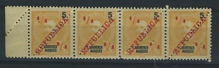 23Lis_1651.jpg -     Lote:    1651            Lourenço Marques       Descrição:         1915 &mdash; D. Carlos I, com sobretaxa e perfuração em diagonal. CE143, &frac14; C s/ 5 reis laranja. Tira horizontal de 4 selos. Alguns pontos de óxido no verso. Valor de catálogo &euro; 24,15.        ***       Valor Base:     &euro; 5,00     Valor Venda:     &euro; 5,00     