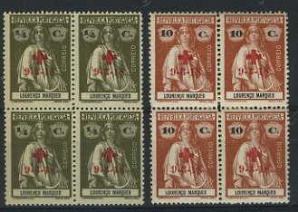 23Lis_1654.jpg -     Lote:    1654            Lourenço Marques       Descrição:         1918 &mdash; Ceres com sobrecarga "Cruz Vermelha Portuguesa". CE159 e 164. Lote de duas quadras. Valor aproximado de catálogo &euro; 44,00.        ***/**       Valor Base:     &euro; 8,00     Valor Venda:     Retirado     