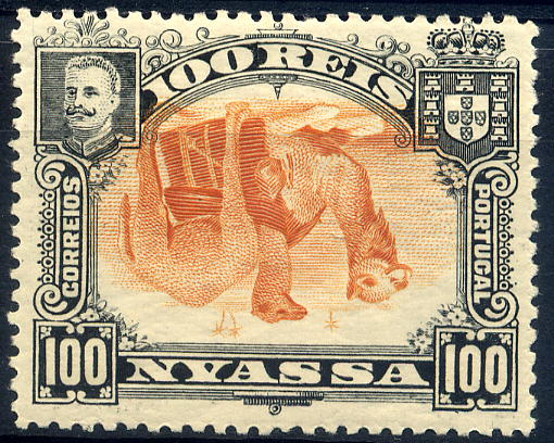 23Lis_1670.jpg -     Lote:    1670            Companhia do Niassa       Descrição:         1901 &mdash; D. Carlos I (Girafa e Camelos). CE37, 100 reis bistre. Selo com centro invertido. Valor de catálogo &euro; 135,00. MB e R.        ***       Valor Base:     &euro; 40,00     Valor Venda:     Retirado     