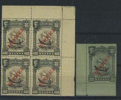 23Lis_1683.jpg -     Lote:    1683            Companhia do Niassa       Descrição:         192&frac12;2 &mdash; D. Manuel II, com sobretaxa, sobrecarga Lisboa e Londres. CE88, 3c s/ 400 reis castanho em quadra + CE97 1 &frac12; s/ 300 preto s/ azul. Valor de catálogo &euro; 26,16.        ***       Valor Base:     &euro; 5,00     Valor Venda:     &euro; 5,00     