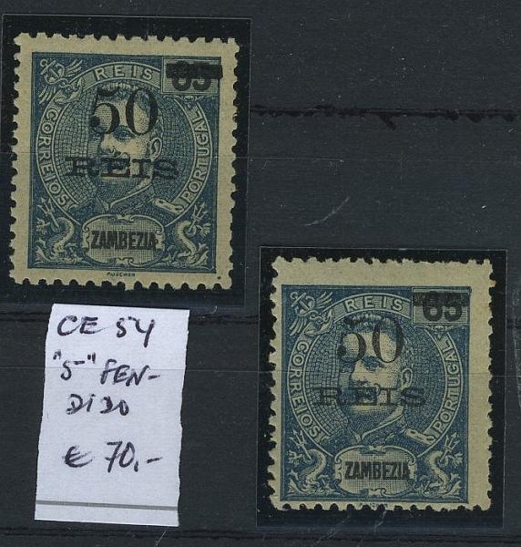23Lis_1690.jpg -     Lote:    1690            Zambézia       Descrição:         1905 &mdash; D. Carlos I tipo Mouchon, com sobretaxa. CE54, 50 s/ 65 reis azul escuro. Lote de dois selos, um deles com "5" fendido. Valor de catálogo &euro; 78,50. MB e MR.        **       Valor Base:     &euro; 15,00     Valor Venda:     &euro; 21,00     