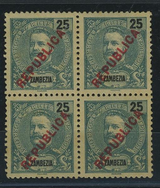 23Lis_1691.jpg -     Lote:    1691            Zambézia       Descrição:         1917 &mdash; D. Carlos I tipo Mouchon, com sobrecarga REPUBLICA local. CE95, 25 reis verde escuro. Quadra. Valor de catálogo &euro; 66,00. B e R.        *       Valor Base:     &euro; 8,00     Valor Venda:     &euro; 8,00     