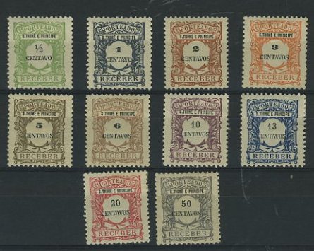 23Lis_1694.jpg -     Lote:    1694            S. Tomé e Príncipe       Descrição:         1922 &mdash; Porteado. Emissão regular, tipo de 1904 com o valor em centavos. CE42/51. Série completa com a legenda "THOMÉ" em vez de "TOMÉ". MB e MR. Valor de catálogo &euro; 152,00.        **       Valor Base:     &euro; 45,00     Valor Venda:     &euro; 110,00     