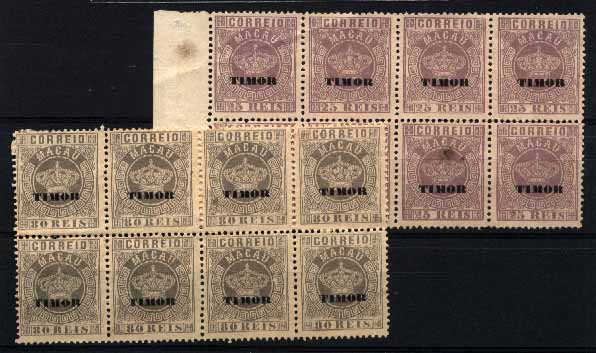 23Lis_1696.jpg -     Lote:    1696            Timor       Descrição:         1886 &mdash; Tipo Coroa. Selos de Macau, com sobrecarga TIMOR. CE4 e 7. Lote composto por dois blocos de 8 selos (4x2) das taxas de 25 reis violeta e 80 reis cinzento, ambos em denteado 12 &frac12;. Valor de catálogo &euro; 68,80.        *       Valor Base:     &euro; 10,00     Valor Venda:     Retirado     