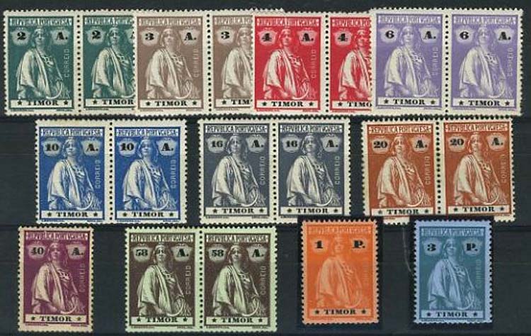 23Lis_1700.jpg -     Lote:    1700            Timor       Descrição:         1913 &mdash; Ceres. CE164/68, 170/76. Selos de 40 avos, 1 e 3P isolados, os restantes em pares. Todos os selos sem charneira com excepção dos selos de 40 avos e 1P. Valor aproximado de catálogo &euro; 264,00.        ***/**       Valor Base:     &euro; 30,00     Valor Venda:     &euro; 75,00     