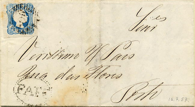 23Lis_1706.jpg -     Lote:    1706            Portugal       Descrição:         Carimbos nominativos. 1856/58 &mdash; D. Pedro V cabelos anelados. CE12, 25 reis azul, linhas duplas, com margens largas em carta circulada de Fafe (16.07.57) para o Porto. Carimbo numérico da 1.ª reforma 220 e nominativo de FAFE, batidos a preto. MB e R.        Carta       Valor Base:     &euro; 20,00     Valor Venda:     &euro; 65,00     