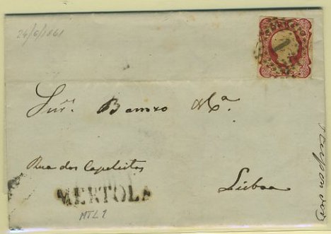 23Lis_1715.jpg -     Lote:    1715            Portugal       Descrição:         Carimbos nominativos1856/58 &mdash; D. Pedro V. Cabelos anelados. CE13, 25 reis carmim, margens curtas, em carta circulada de Mértola (24.06.1861) para Lisboa (26.06.1861). Carimbo nominativo MERTOLA tipo MTL1 e numérico da 1.ª reforma "1" batidos a preto.        Carta       Valor Base:     &euro; 10,00     Valor Venda:     &euro; 10,00     