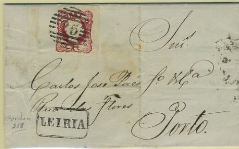 23Lis_1716.jpg -     Lote:    1716            Portugal       Descrição:         Carimbos nominativos. 1856/58 &mdash; D. Pedro V. Cabelos anelados. Carta circulada de Leiria (23.02.1862) para o Porto (25.02.1862), com selo de 25 reis carmim CE13, obliterado com carimbo da 1.ª reforma "26": Carimbo nominativo de LEIRIA batido a preto. Gordon 208. B        Carta       Valor Base:     &euro; 20,00     Valor Venda:     Retirado     