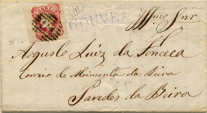 23Lis_1719.jpg -     Lote:    1719            Portugal       Descrição:         Carimbos nominativos. 1862/64 &mdash; D. Luís I. CE16, 25 reis, carmim rosa, cunho IV, circulado de Gouveia (17.01.65) para Paredes da Beira. Carimbo numérico da 1.ª reforma 119 batido a preto e nominativo de GOUVEA batido a azul. Selo com margens largas.         Carta       Valor Base:     &euro; 20,00     Valor Venda:     &euro; 40,00     
