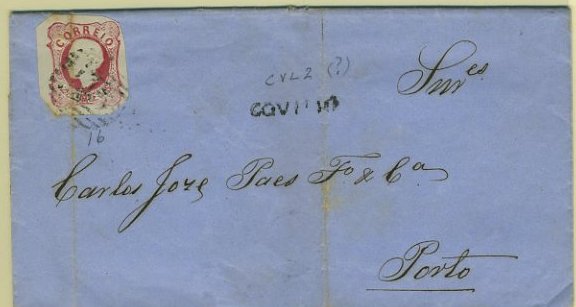 23Lis_1721.jpg -     Lote:    1721            Portugal       Descrição:         1862/64 &mdash; D. Luís I. CE16, 25 reis carmim rosa, margens normais em carta remetida da Covilhã (17.10.1865) para o Porto (20.10.1865). Carimbo nominativo "COVILHÃ" tipo CVL2, batido a preto.        Carta       Valor Base:     &euro; 10,00     Valor Venda:     Retirado     