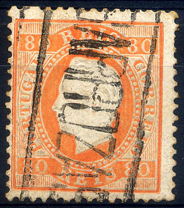 23Lis_1727.jpg -     Lote:    1727            Portugal       Descrição:         Carimbos nominativos. 1870/76 &mdash; D. Luís I, fita direita. Selos de 80 reis laranja CE42, denteado 12 &frac12;, papel porcelana, obliterado com carimbo batido a preto de "BARROZAS". Gordon 68. MR        O       Valor Base:     &euro; 60,00     Valor Venda:     Retirado     