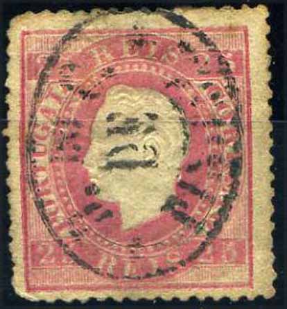 23Lis_1729.jpg -     Lote:    1729            Portugal       Descrição:         Carimbos nominativos. 1870/76 &mdash; D. Luís I, fita direita. CE40, 25 reis carmim, obliterado com carimbo nominativo oval de "C. DO C. DE PINHEL". Selo com pequenos defeitos no denteado.        O       Valor Base:     &euro; 5,00     Valor Venda:     Retirado     