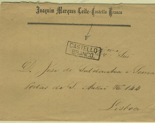 23Lis_1730.jpg -     Lote:    1730            Portugal       Descrição:         Carimbos nominativos. 1880/81 &mdash; D. Luís I. De perfil. CE54, 25 reis cinzento vermelho em sobrescrito circulado de Castelo Branco para Lisboa (05.05.??). Selo no verso obliterado com carimbo numérico da 2.ª reforma 166 e na frente carimbo nominativo batido a preto CASTELO BRANCO (Gordon 118).        Carta       Valor Base:     &euro; 5,00     Valor Venda:     Retirado     