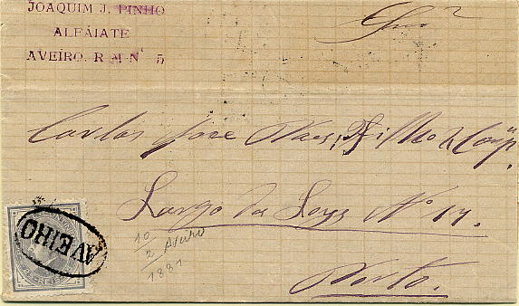 23Lis_1732.jpg -     Lote:    1732            Portugal       Descrição:         Carimbos nominativos. 1880/81 &mdash; D. Luís i, de perfil. CE54, 25 reis cinzento, denteado 12 &frac12;, papel liso, circulado em carta datada de Aveiro (10.02.1881) para o Porto (11.02.1881). Carimbo nominativo oval batido a preto de AVEIRO.        Carta       Valor Base:     &euro; 120,00     Valor Venda:     &euro; 140,00     