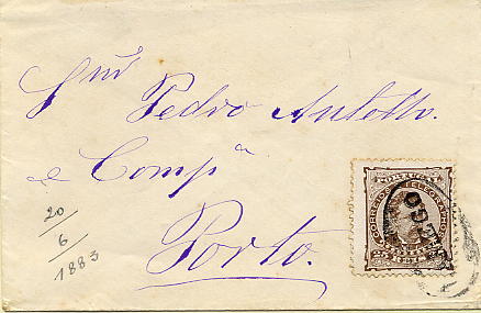 23Lis_1740.jpg -     Lote:    1740            Portugal       Descrição:         Carimbos nominativos. 1882/83 &mdash; D. Luís I, de frente. CE57, 25 reis castanho, denteado 12 &frac12;, papel de porcelana, circulado em sobrescrito de Lamego para o Porto (20.06.83). Carimbo nominativo batido a preto "LAMEGO".        Carta       Valor Base:     &euro; 75,00     Valor Venda:     Retirado     
