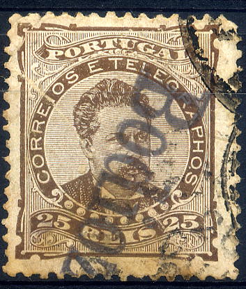 23Lis_1741.jpg -     Lote:    1741            Portugal       Descrição:         Carimbos nominativos. 1882/83 &mdash; D. Luís I de frente. Selo de 25 reis CE57, denteado 12 &frac12;, papel liso, obliterado com carimbo de "BODIOZA". Gordon 75, raridade 100. B e MR.        O       Valor Base:     &euro; 50,00     Valor Venda:     &euro; 65,00     