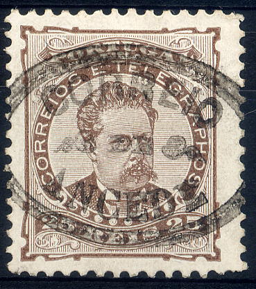 23Lis_1743.jpg -     Lote:    1743            Portugal       Descrição:         Carimbos nominativos. 1882/83 &mdash; D. Luís I. De frente. CE57, 25 reis castanho, denteado 11 &frac12;, papel porcelana, obliterado com carimbo oval batido a preto "CORREIO / DE / ANCEDE": Gordon 35, raridade 40. MB e R.        O       Valor Base:     &euro; 40,00     Valor Venda:     &euro; 55,00     