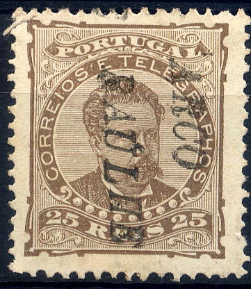 23Lis_1744.jpg -     Lote:    1744            Portugal       Descrição:         Carimbos nominativos. 1882/83 &mdash; D. Luís I. De frente. CE57, 25 reis castanho, denteado 12 &frac12;, papel liso, obliterado com carimbo batido a preto "ARCO DE BAÚLHE": Gordon 39, raridade 30. MB e R.        O       Valor Base:     &euro; 40,00     Valor Venda:     Retirado     