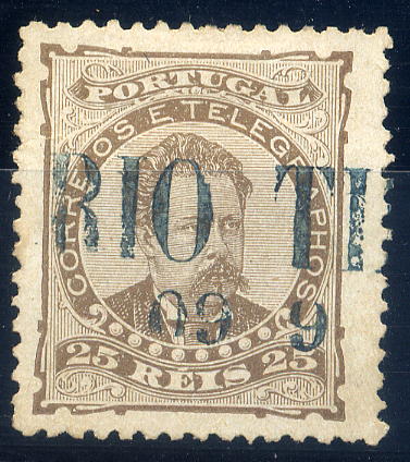 23Lis_1745.jpg -     Lote:    1745            Portugal       Descrição:         Carimbos nominativos. 1882/83 &mdash; D. Luís I de frente. Selo de 25 reis CE57, denteado 12 &frac12;, papel liso, obliterado com carimbo de "RIO TINTO / 09.9". Gordon 348, raridade 75. MB e R.        O       Valor Base:     &euro; 30,00     Valor Venda:     &euro; 80,00     