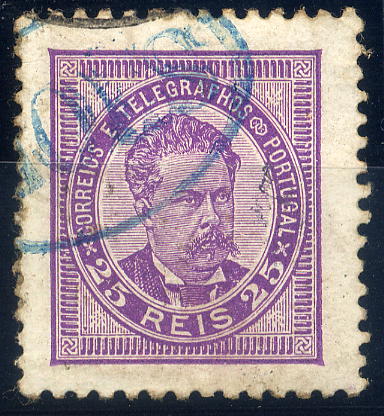 23Lis_1746.jpg -     Lote:    1746            Portugal       Descrição:         Carimbos nominativos. 1884/87 &mdash; D. Luís I de frente, novas cores. Selo de 25 reis CE62, denteado 11 &frac12;, papel porcelana, obliterado com carimbo batido a azul de "MÕES". Gordon 240, raridade 75. MB e R.        O       Valor Base:     &euro; 25,00     Valor Venda:     &euro; 42,00     
