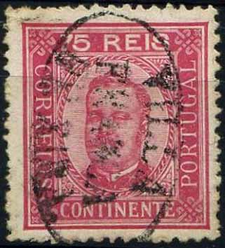23Lis_1748.jpg -     Lote:    1748            Portugal       Descrição:         Carimbos nominativos. 1892/93 &mdash; D. Carlos I tipo Diogo Neto. CE72, 75 reis carmim, denteado 12 &frac12;, papel porcelana, obliterado com marca batida a preto de VILA FRANCA DE XIRA.        O       Valor Base:     &euro; 10,00     Valor Venda:     &euro; 10,00     