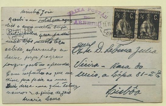 23Lis_1750.jpg -     Lote:    1750            Portugal       Descrição:         Carimbos nominativos. Postal ilustrado, circulado do Arneiro (10.11.16) para Lisboa (11.11.16) com dois selos de &frac12; c. Ceres. Marca batida a violeta "CAIXA POSTAL / DO / ARNEIRO".        PI       Valor Base:     &euro; 100,00     Valor Venda:     &euro; 320,00     