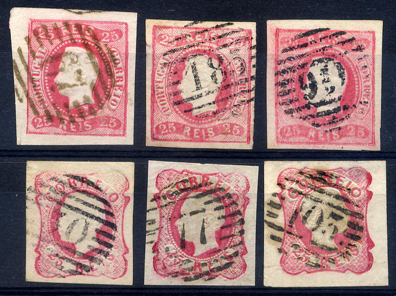 23Lis_1752.jpg -     Lote:    1752            Portugal       Descrição:         Carimbos numéricos da 1.ª reforma. Lote composto por 3 selos de 25 reis D. Luís I + 3 selos de 25 reis D. Luís I fita curva não denteado, com carimbos numéricos 67-Oliveira de Azeméis, 185-Moncorvo, 90-Montemor-o-Velho, 30-Montemor-o-Novo, 77-Coimbra e 103-Barcelos.        Lote       Valor Base:     &euro; 15,00     Valor Venda:     &euro; 15,00     