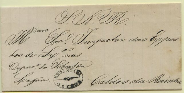 23Lis_1754.jpg -     Lote:    1754            Portugal       Descrição:         Marcas de registo. Carta circulada isenta de porte de Óbidos (27.09.1870) para Caldas da Rainha. Marca de registo batida a preto "REGISTADA / OBIDOS".        Carta       Valor Base:     &euro; 10,00     Valor Venda:     &euro; 12,00     