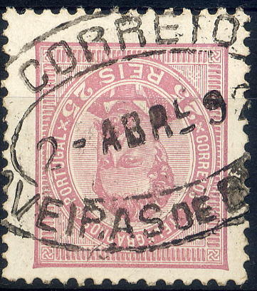 23Lis_1758.jpg -     Lote:    1758            Portugal       Descrição:         Carimbos de dupla oval. 1884/87 &mdash; D. Luís I de frente. CE63, 25 reis, denteado 11 &frac12;, obliterado com carimbo de dupla oval "CORREIO / AVEIRAS DE BAIXO". MB.        O       Valor Base:     &euro; 5,00     Valor Venda:     &euro; 16,00     