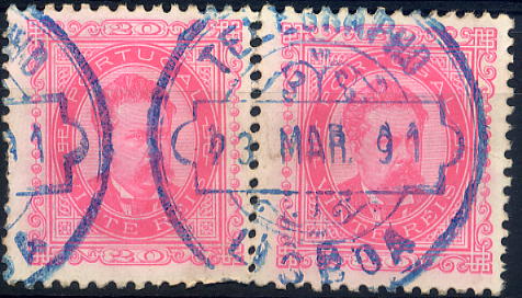 23Lis_1766.jpg -     Lote:    1766            Portugal       Descrição:         Carimbos da telegrafia eléctrica. 1884/87 &mdash; D. Luís I. De frente. Novos valores. CE62, 20 reis carmim rosa, denteado 11 &frac12;, papel porcelana. Par horizontal com carimbo batido a azul "TELEGRAPHO / 23 MAR 91 / LISBOA". MB.        O       Valor Base:     &euro; 15,00     Valor Venda:     &euro; 15,00     