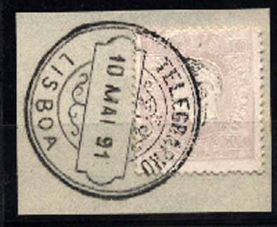 23Lis_1768.jpg -     Lote:    1768            Portugal       Descrição:         Marcas da telegrafia eléctrica. 1870/76 &mdash; D. Luís I, fita direita, CE43, 100 reis lilás, denteado 12 &frac12;, papel porcelana, obliterado com carimbo batido a preto "TELEGRAPHO / LISBOA / 10 MAI 91".        FRG       Valor Base:     &euro; 5,00     Valor Venda:     &euro; 8,00     