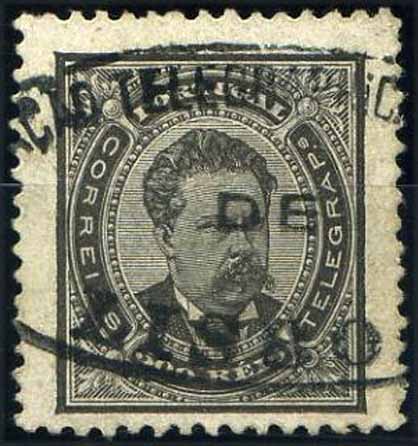 23Lis_1769.jpg -     Lote:    1769            Portugal       Descrição:         Marcas da telegrafia eléctrica. 1884/87 &mdash; D. Luís I, de frente. CE64, 500 reis preto, denteado 12 &frac12;, papel porcelana, obliterado com carimbo oval "DIRECÇÃO TELEGRÁFICA DE LISBOA". Valor de catálogo &euro; 518,00.        O       Valor Base:     &euro; 80,00     Valor Venda:     &euro; 80,00     