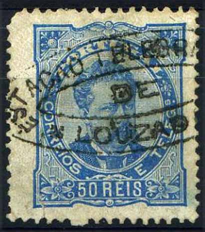 23Lis_1770.jpg -     Lote:    1770            Portugal       Descrição:         Marcas da telegrafia eléctrica. 1882/83 &mdash; D. Luís I, de frente. CE58, 50 reis azul, denteado 13 &frac12;, papel porcelana, obliterado com carimbo de LOUZADA. Falta de um dente no selo.        O       Valor Base:     &euro; 10,00     Valor Venda:     &euro; 16,00     
