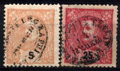 23Lis_1773.jpg -     Lote:    1773            Portugal       Descrição:         Marcas da telegrafia eléctrica. Lote de dois selos de 5 e 25 reis D. Carlos I tipo Mouchon obliterados com marcas batidas a preto de "PEZO DA REGOA" e "FAMALICÃO".        O       Valor Base:     &euro; 5,00     Valor Venda:     &euro; 5,00     