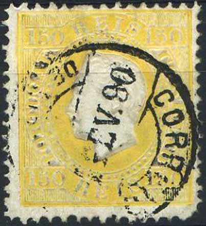 23Lis_1774.jpg -     Lote:    1774            Portugal       Descrição:         Carimbos circulares datados. 1879/80 &mdash; D. Luís I, fita direita. Novas cores. CE51, 150 reis amarelo, denteado 12 &frac12;, papel porcelana, obliterado com carimbo "CORREIO DE LISBOA", com datador invertido.        O       Valor Base:     &euro; 10,00     Valor Venda:     Retirado     
