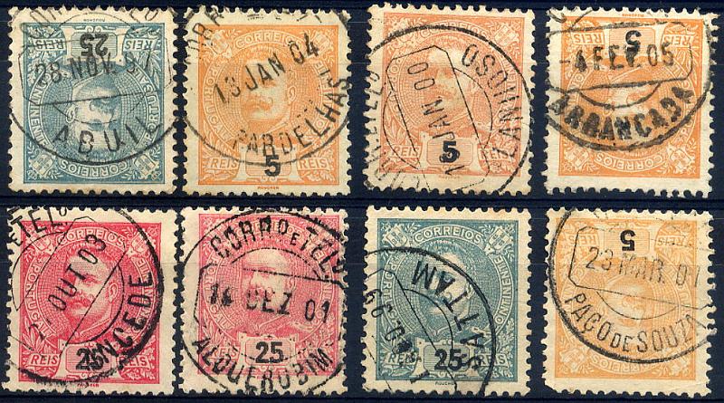 23Lis_1776.jpg -     Lote:    1776            Portugal       Descrição:         Carimbos circulares datados. Lote de 8 selos emissão D. Carlos I tipo Mouchon, de diversas taxas, obliterados com carimbos CCD de "ABUIL, PARDELHAS, LANHOSO, ARRANCADA, ANCEDE, ALQUERUBIM, SATTAM e PAÇO DE SOUSA".        Lote       Valor Base:     &euro; 30,00     Valor Venda:     &euro; 70,00     
