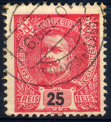 23Lis_1778.jpg -     Lote:    1778            Portugal       Descrição:         Carimbos circulares datados. 1898/1905 &mdash; D. Carlos I Mouchon. Selo de 25 reis carmim CE141, obliterado com carimbo de TRAVANCA DE LAGOS (raridade 8).        O       Valor Base:     &euro; 12,00     Valor Venda:     &euro; 26,00     
