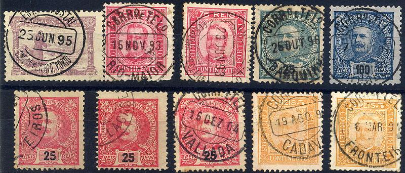 23Lis_1780.jpg -     Lote:    1780            Portugal       Descrição:         Carimbos circulares datados. Lote de 10 selos de diversas emissões, obliterados com marcas de dia de CARLOS ALBERTO "PORTO", RIO-MAIOR, FERREIRA DO ZEZERE, BARQUINHA, VINHAES, OLEIROS, LAGARES, VALLADA, CADAVAL e FRONTEIRA.        Lote       Valor Base:     &euro; 6,00     Valor Venda:     &euro; 12,00     
