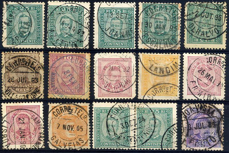 23Lis_1782.jpg -     Lote:    1782            Portugal       Descrição:         Carimbos circulares datados. Lote de 15 selos (1 par) de diversas emissões com marcas de dia de APÚLIA, AZARUJA, JOANNE, ESCALHÃO, OLHALVO, VILLA DO BISPO, MINAS DE S. DOMINGOS (azul), V. V. RODÃO, LANDIM, ERMIDA, CAMPO-GRANDE/LISBOA, GALVEIAS, S. THEOTONIO e BOAVISTA/PORTO.        Lote       Valor Base:     &euro; 15,00     Valor Venda:     &euro; 20,00     