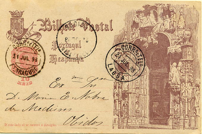23Lis_1784.jpg -     Lote:    1784            Portugal       Descrição:         Carimbos circulares datados. Inteiro postal do Centenário da Índia de 10 reis (Porta principal dos Jerónimos) circulado de Ferragudo (21.07.98) para Óbidos (22.07.98) com trânsito por Lagoa (21.07.98). Carimbos batidos a preto de FERRAGUDO, LAGOA e ÓBIDOS.        IC       Valor Base:     &euro; 5,00     Valor Venda:     &euro; 28,00     