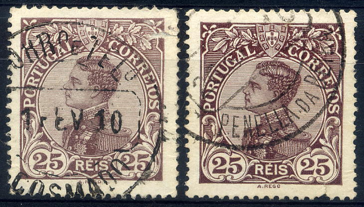 23Lis_1785.jpg -     Lote:    1785            Portugal       Descrição:         Carimbos circulares datados. 1910 &mdash; D. Manuel II. Lote de dois selos de 25 reis castanho, CE161, obliterados com marcas de dia de S. COSMADO e PENELLA DA BEIRA (Raridade 8).         O       Valor Base:     &euro; 12,00     Valor Venda:     &euro; 40,00     