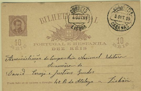 23Lis_1786.jpg -     Lote:    1786            Portugal       Descrição:         Carimbos circulares datados. Inteiro postal de 10 reis D. Luís I de frente, circulado de Cabanas (03.10.89) para Lisboa (04.10.89). Carimbo batido a preto de CABANAS.         IC       Valor Base:     &euro; 10,00     Valor Venda:     &euro; 32,00     