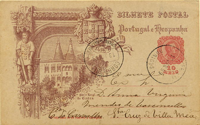 23Lis_1788.jpg -     Lote:    1788            Portugal       Descrição:         Carimbos circulares datados. Inteiro postal de 10 reis do Centenário da Índia OM29D, circulado de Lobrigos (13.01.99) para Stª Cruz de Villameã (13.01.99). Carimbos batido a preto de "LOBRIGOS" e " ST.ª CRUZ DE VILLAMEÃ"        IC       Valor Base:     &euro; 10,00     Valor Venda:     &euro; 10,00     