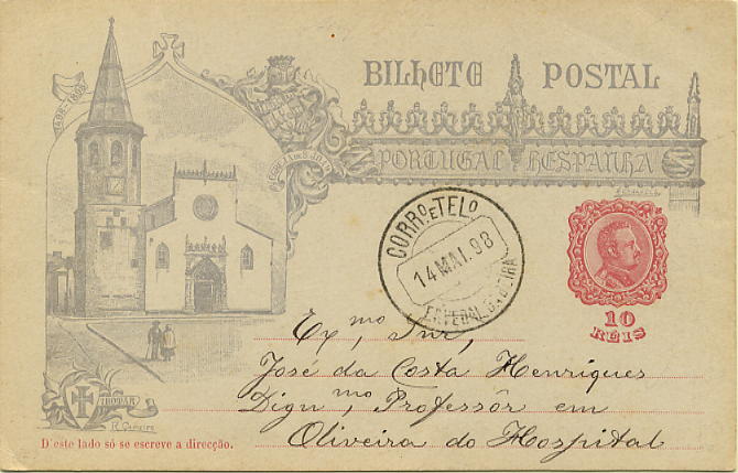 23Lis_1789.jpg -     Lote:    1789            Portugal       Descrição:         Carimbos circulares datados. Inteiro postal de 10 reis do Centenário da Índia OM29A, circulado de Ervedal da Beira (14.05.98) para Oliveira do Hospital (14.05.98). Carimbo batido a preto de "ERVEDAL DA BEIRA".        IC       Valor Base:     &euro; 5,00     Valor Venda:     &euro; 10,00     