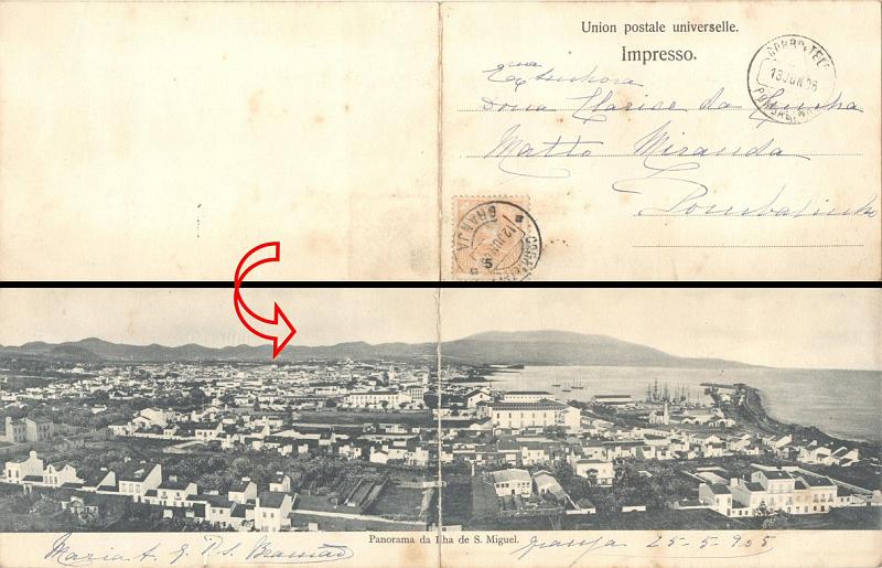 23Lis_1790.jpg -     Lote:    1790            Portugal       Descrição:         Carimbos circulares datados, tipo 1880. Postal ilustrado circulado de Granja (12.06.06) para Pombalinho (13.06.06), com selo de 5 reis laranja D. Carlos I Mouchon. Carimbos batidos a preto de "GRANJA" e "POMBALINHO". Postal ilustrado duplo "Panorama da Ilha de S. Miguel"        PI       Valor Base:     &euro; 5,00     Valor Venda:     Retirado     